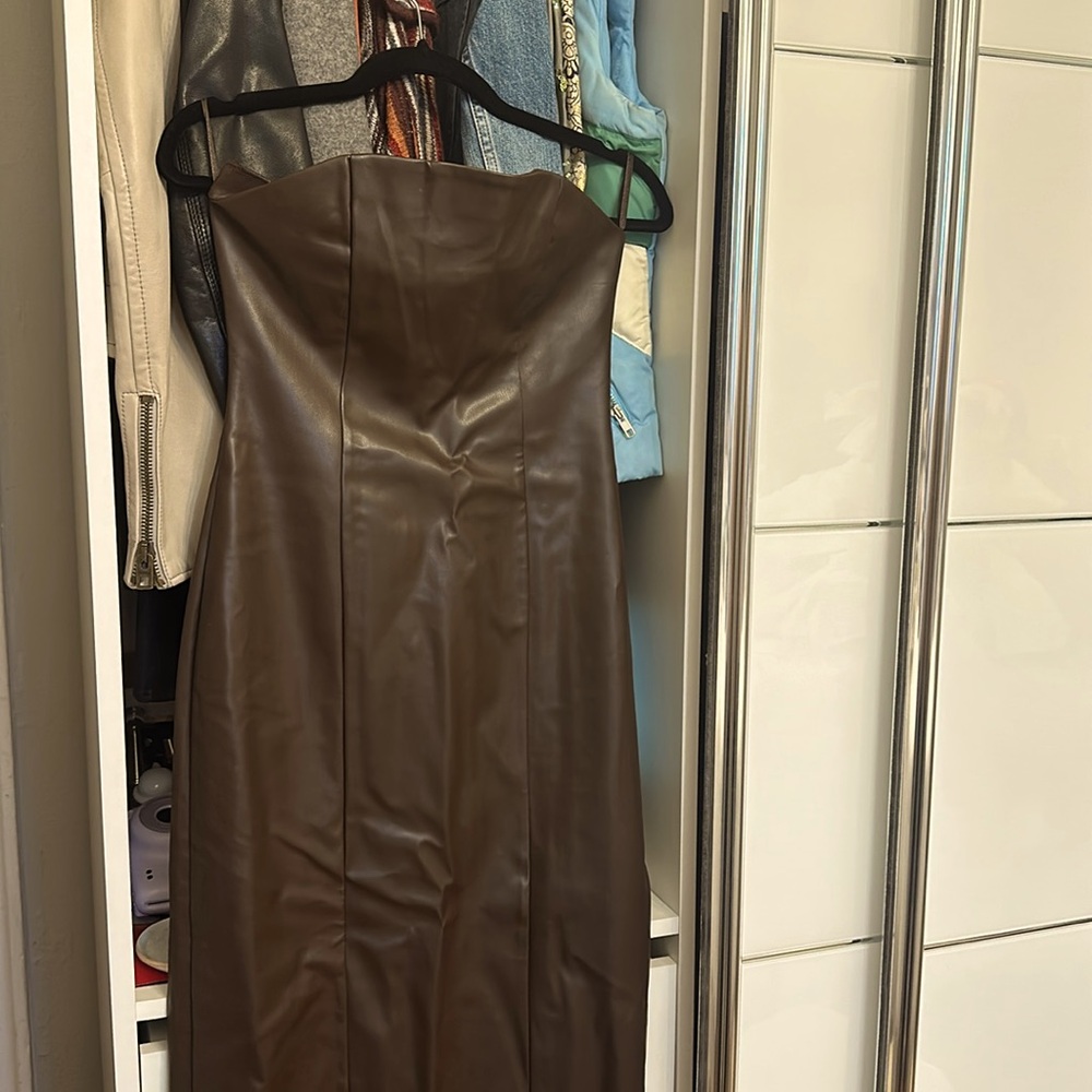 Brown strapless leather corset maxi dress